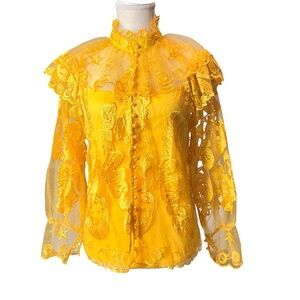 #A076 –Nancy Romantic Yellow Embroidered Sheer Blouse , Victorian collar, M
